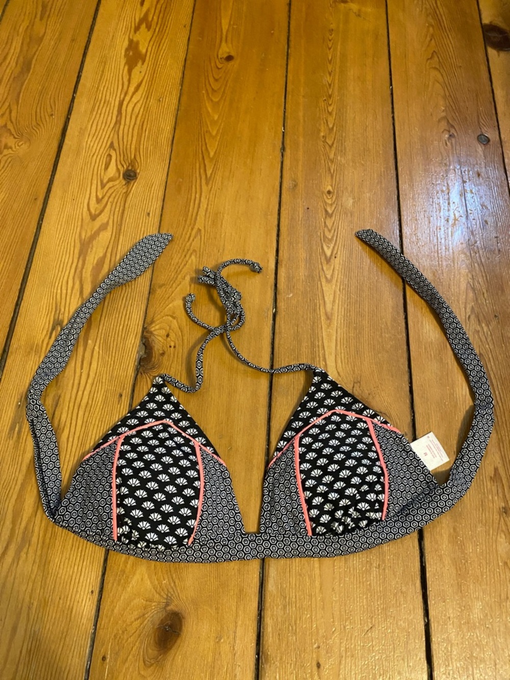 Black Patterned Women's Triangle Bikini Top with Pink Trim